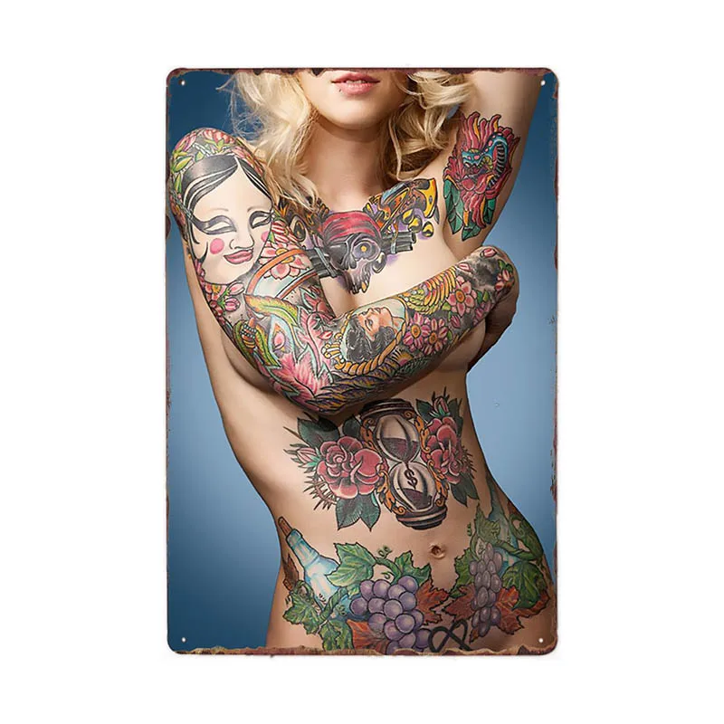 Татуировка девушка металлическая вывеска винтажные плащи тату магазин декоративная булавка плакат для кафе клуб украшение стены домашний декор 20x30 см