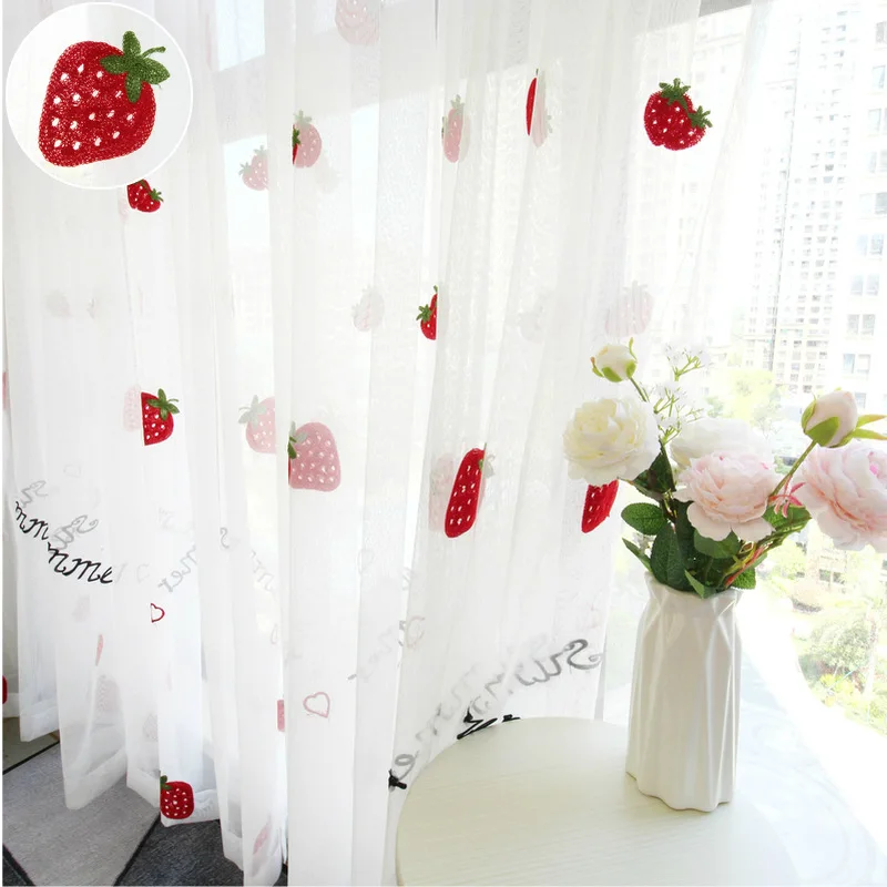 Cute Strawberry tulle curtains for girl kids room living bedroom window white embroidered sheer | Дом и сад
