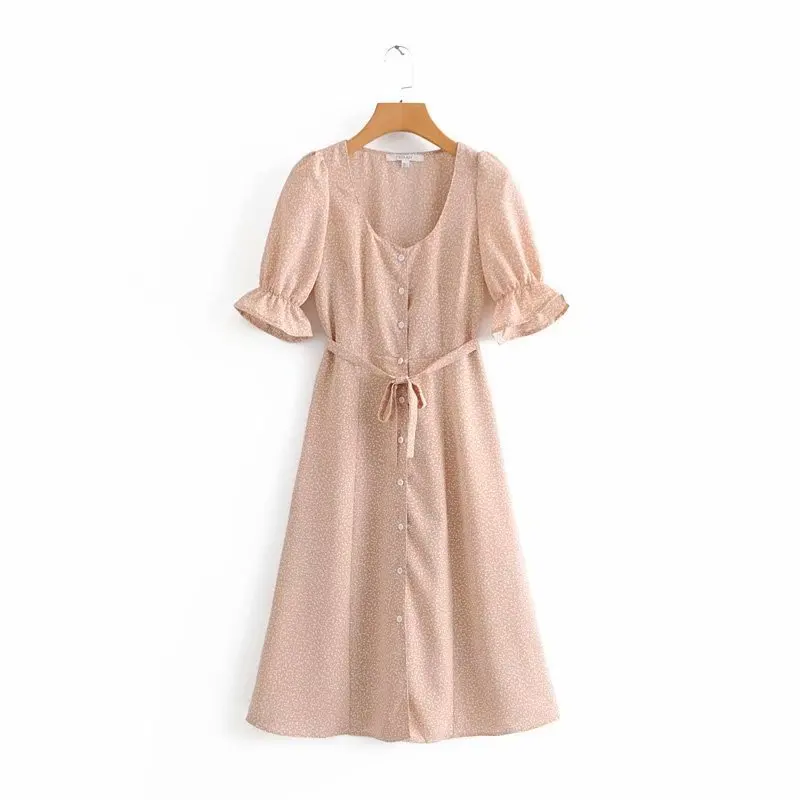 

Western Style Early Spring New Style Versitile Fashion Single Breasted Polka Dot Printed Square Collar Lace-up Long Dress Women'