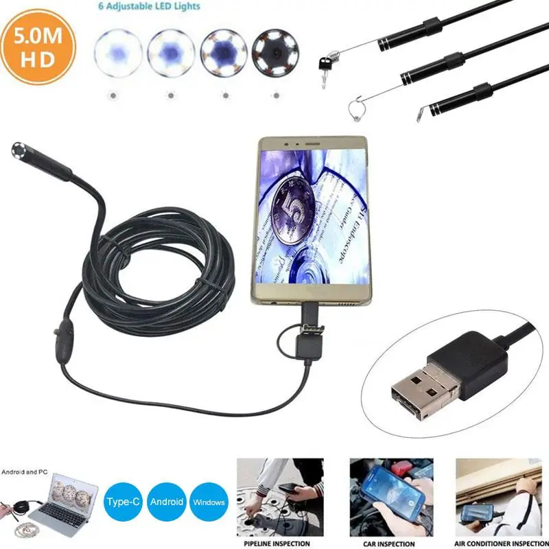 Wifi эндоскоп 7 мм для Andriod телефон бороскоп Micro USB TYPE-C со светодиодный 3 в 1 Инспекционная камера HD камера
