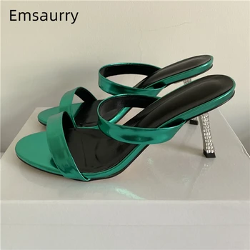 

Green Patent Leather Narrow Band Slippers Women Crystal Rhinestone Thin High Heel Open Toe Summer Runway Shoes Woman