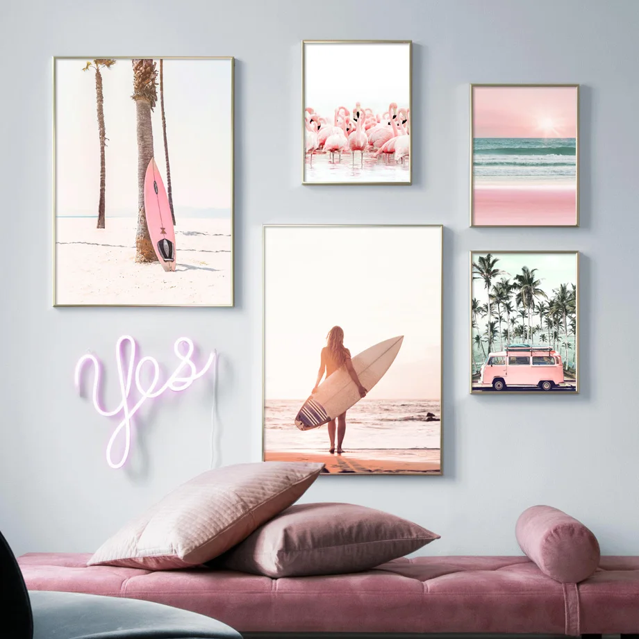 Pink-Beach-Flamingo-Palm-Tree-Surfboard-Wall-Art-Canvas-Painting-Nordic-Posters-And-Prints-Wall-Pictures