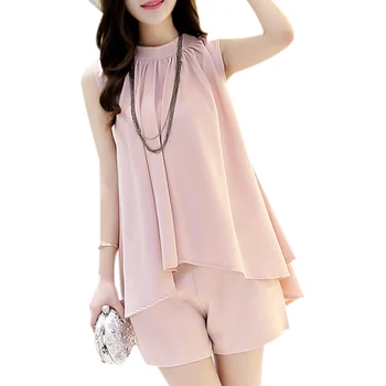 

New Summer 2 Pieces Set Women Tee Tops Shorts Loose Fashion Casual Round Collar Sleeveless Solid Color 2PCS Sets