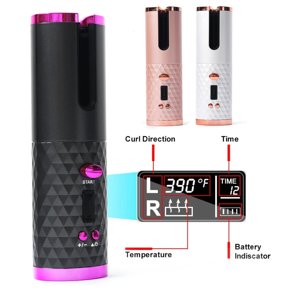 

Cordless Automatic Hair Curler USB Rechargeable Curling Iron Curls Waves LCD Display Ceramic Curly Rotating Curling Wave Styer