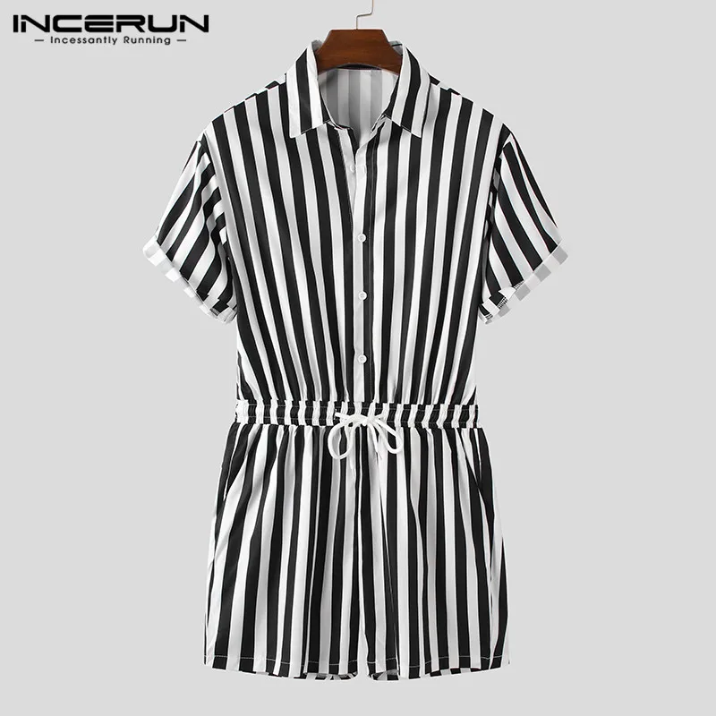 Fashion Men Rompers Striped Streetwear Short Sleeve Casual Shorts Lapel Jumpsuit Button Drawstring 2020 Men's Playsuit INCERUN Fashion Men Rompers Striped Streetwear Short Sleeve Casual Shorts Lapel Jumpsuit Button Drawstring 2020 Men's Playsuit INCERUN