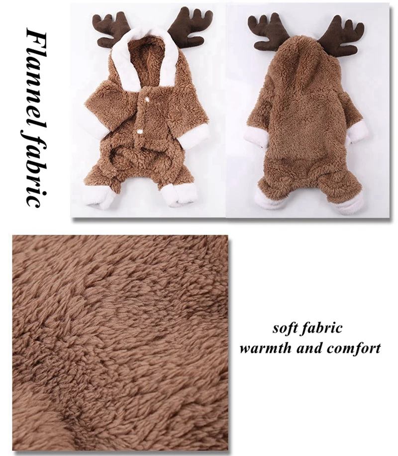 Зимний комбинезон для питомца коричневого лося, Рождественский костюм для собаки, мягкий комбинезон для собаки, милая одежда с рогом лося для кошки, теплая одежда для щенков