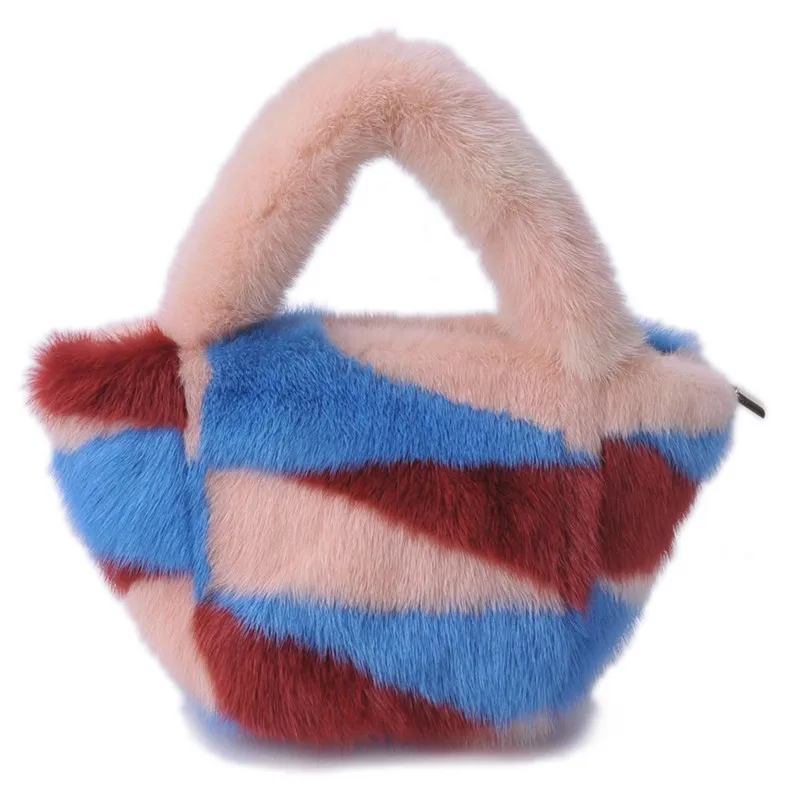 

ZDFURS*2019 New Real Mink Fur Handbag Pactwork Fur Mixed Colors Wrist Bags Women Winter Basket Shape Luxury Girl Genuine Bags