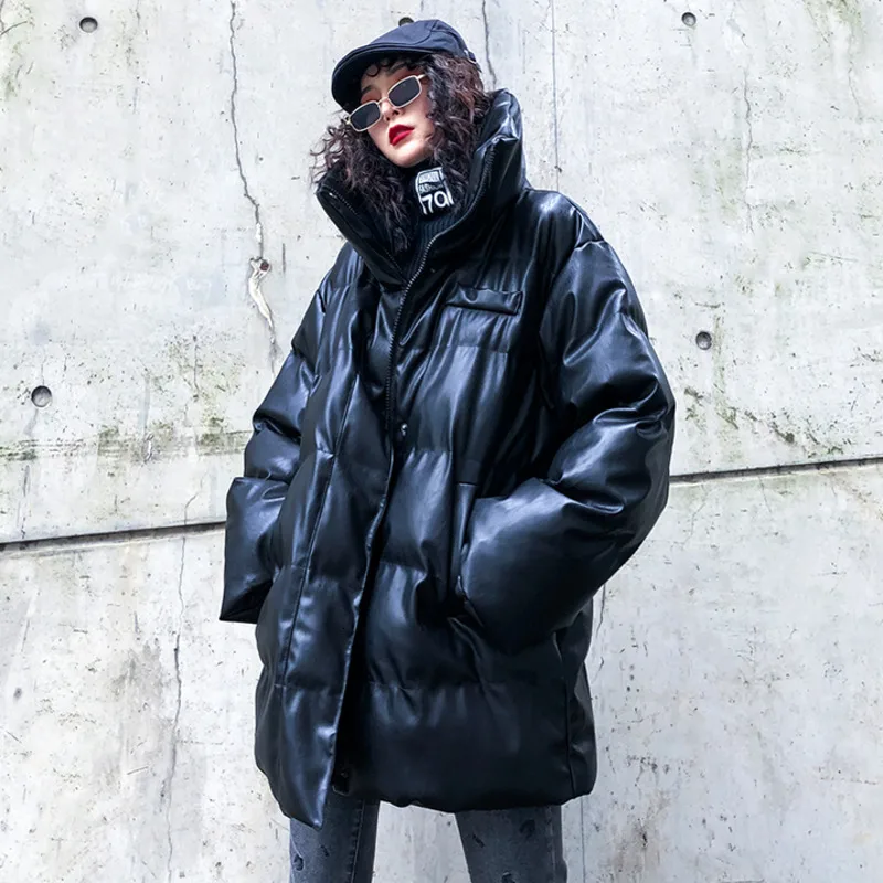 MEVGOHOT ветрозащитная женская черная зимняя теплая Стеганая Кожаная парка с высоким воротником, приталенная водолазка из искусственной кожи, водонепроницаемая куртка HD3099