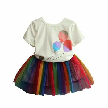 

Kid Baby Girl Dress Outfit T-shirt Top Rainbow Tulle Tutu Skirt Party Clothes