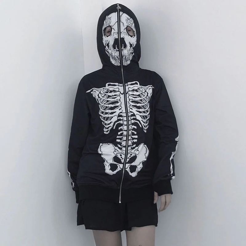  InsGoth Skull Printed Women Hooded Sweatshirts Gothic Halloween Party Black Hoodies Loose Oversize 