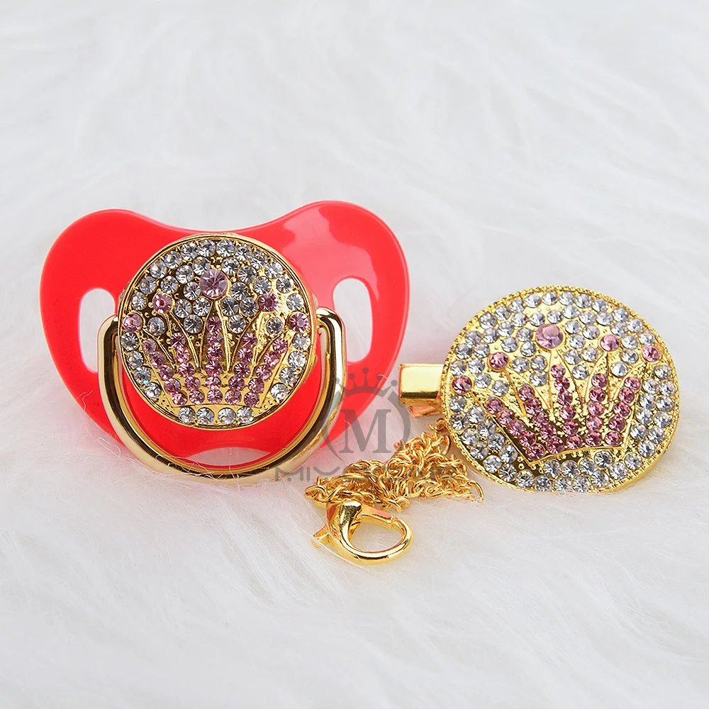 BLING bling из золота с уникальным дизайном розовая Корона соска и клип набор BPA бесплатно sgs пройти безопасное детское зубное кольцо держатель APCG