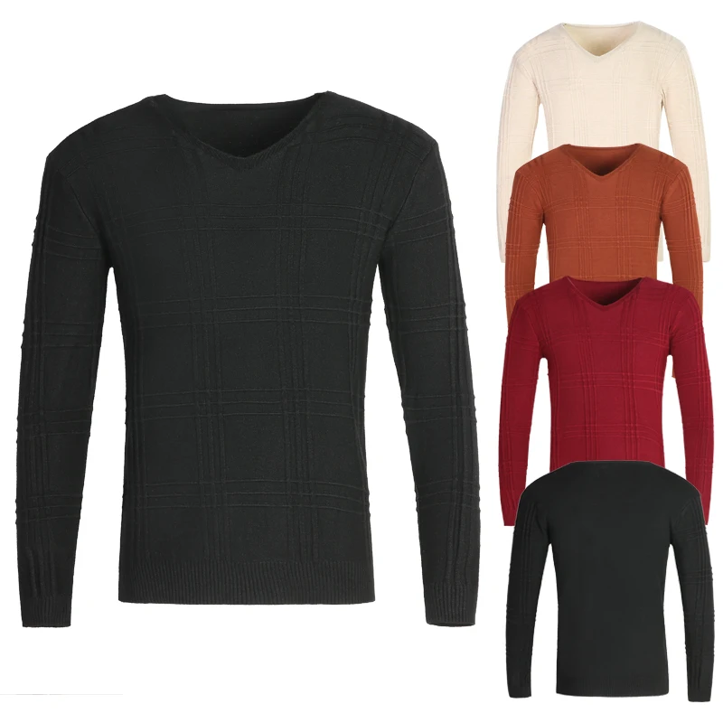 

2021 New Men 's Knitwear Solid Color V-neck Inner Sweater Slim -Fit Long-Sleeved Pullover Leisure Warm Sweater