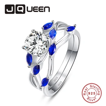 

JQUEEN Women Rings Jewelry 2pcs Round White CZ Crystal Stone Inlaid Blue Horse Eye Ring Set S925 Sliver Wedding Band