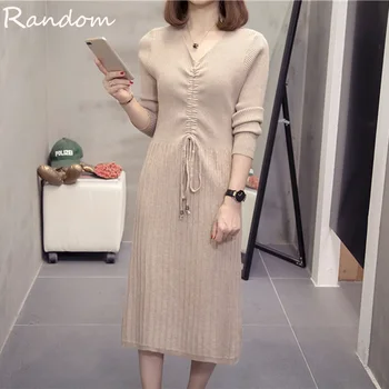 

Plus Size 2020 Autumn Winter Kintted Sweater Dress Women Long Sleeve Fashion Drawstring V Neck Pleated Dresses Big Warm Cloth