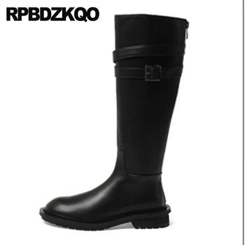 

equestrian brand women winter boots genuine leather shoes knee high round toe designer heel riding metal black autumn chunky mid