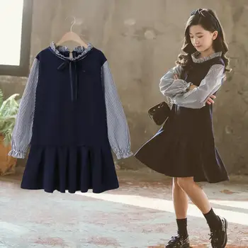 

big girl dresses 2020 spring Patchwork color kids stripe dress fashion high-grade children dresses wholesale clothes