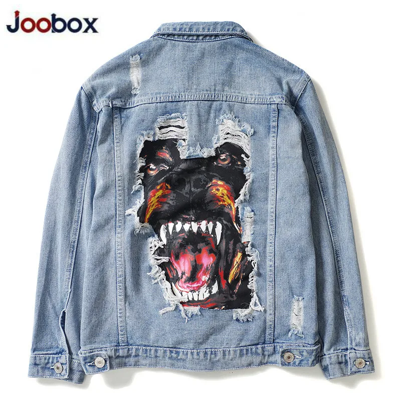 

Vintage Denim Jacket Coats Men 2019 Hip Hop Casual Ripped Distressed Jeans Jackets Male Streetwear Coat Dog Print Solid Outwear
