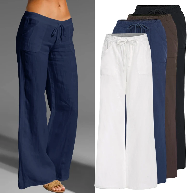 

2021 Vintage Casual Pants Women Wide Leg Trousers Drawstring Waist Solid Pocket Loose Women's Pants Spring Summer