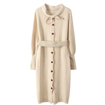 

2020 Autumn Women Long Sleeve Vintage French Knitted Leisure Button elegant black Dress vestidos