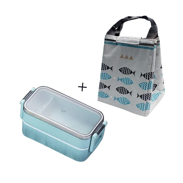 Blue 400ML Bag 2 слоя 500 мл/400 мл Пшеничная солома Ланч-бокс для детей для школы микроволновая печь Bento box портативный контейнер для фруктов с палочками для еды - Цвет: Blue 400ML Bag