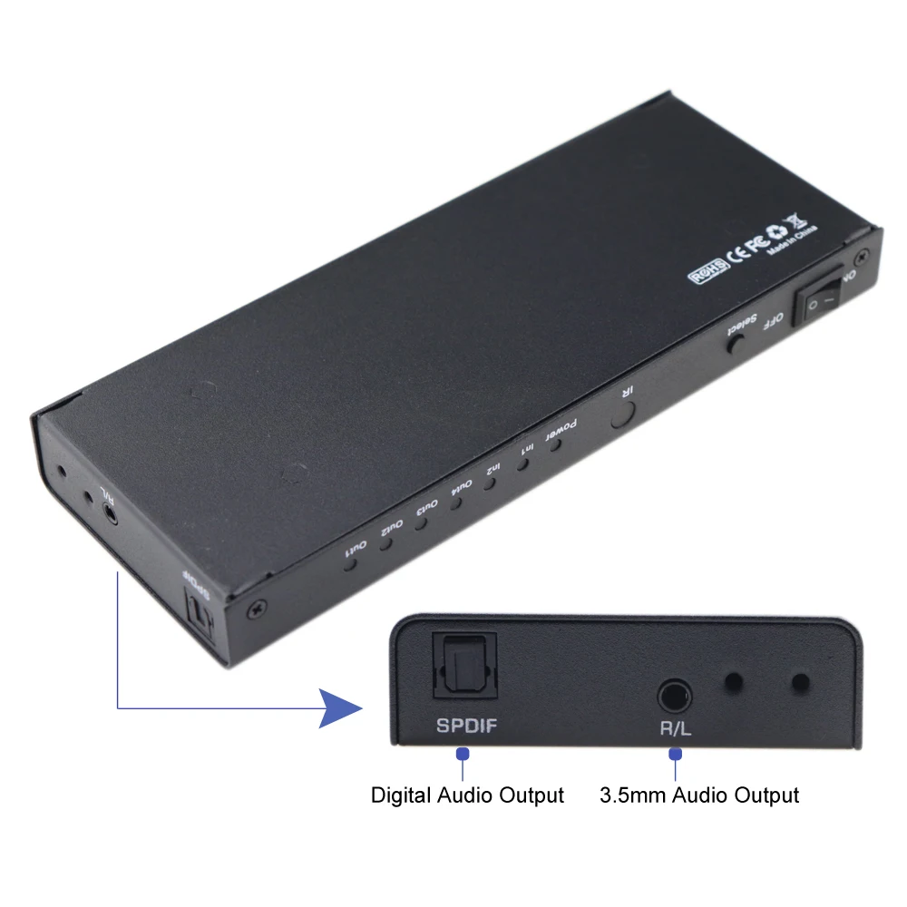2X4 Hdmi Splitter 2 in 4 Out Hdmi Switch con Spdif Audio 3.5 Millimetri di Sostegno Hd 4K 3D 1080P
