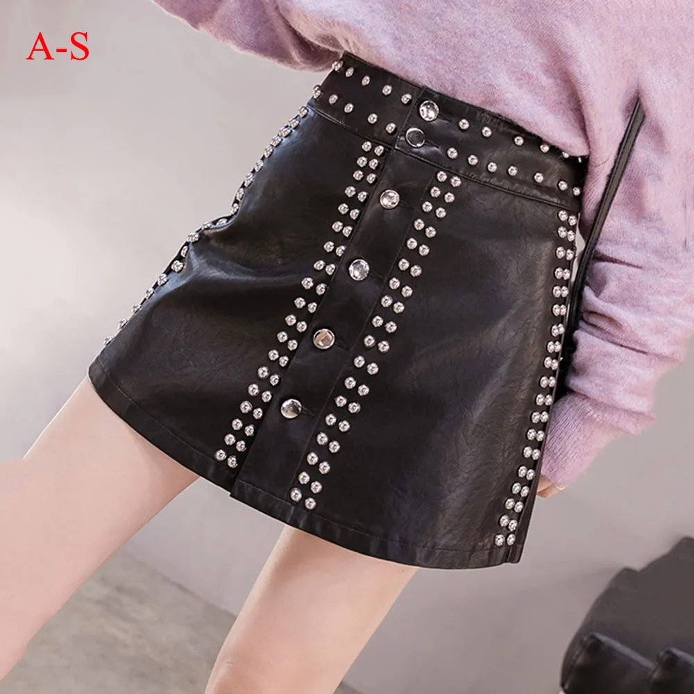 

Autumn Winter 2019 New Fashion Woman Rivet Skirt PU Leather Pants High Waist A Word Skirt Sexy Slim Bodycon Pencil Mini Skirts