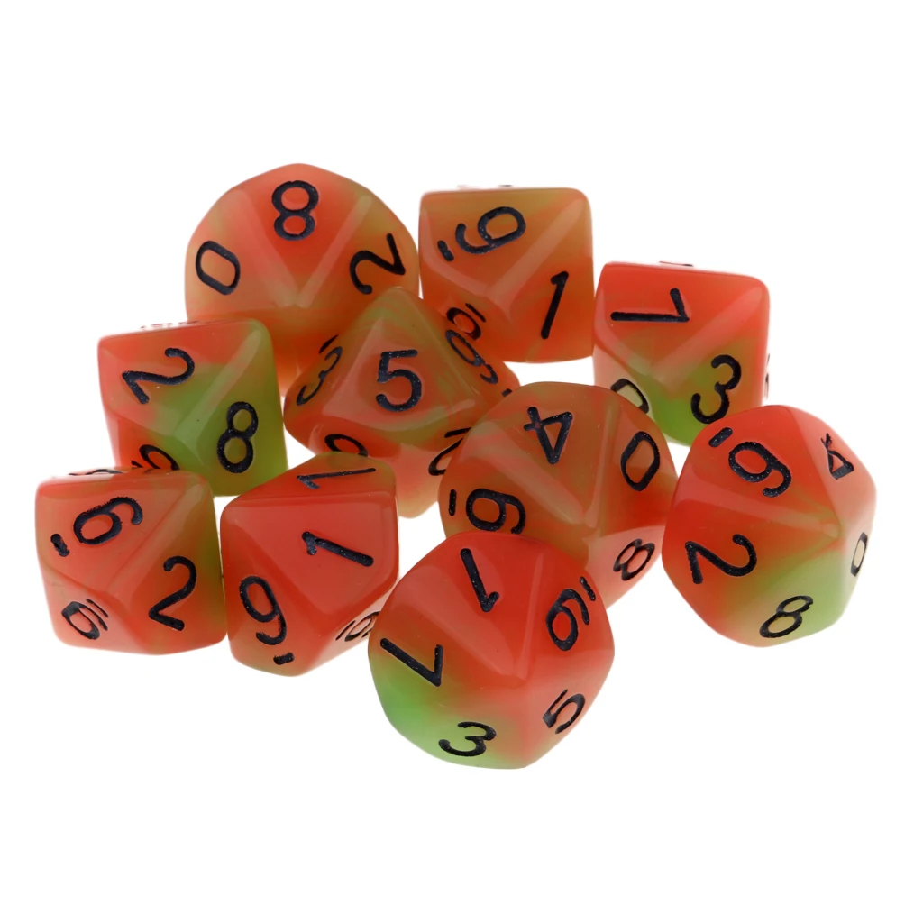 Tabletop Game 10pcs Dungeons Dragons Dice D10 D&D Luminous 1.6cm Multi Dice Set Night Luminous Dice Set