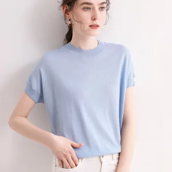 

New round neck knitted T-shirt summer short-sleeved T-shirt women