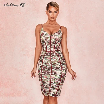 

Mnealways18 Spaghetti Strap Print Dress Bodycon Sexy Party Ruched Dress Floral Women Summer Midi Dress V-Neck Club Wear Vestidos