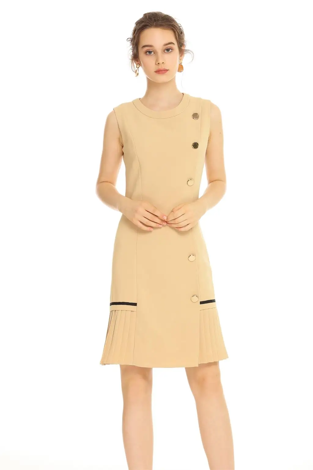 

2019 early autumn new solid color o-neck pleated slim vest dress 190908XJ02
