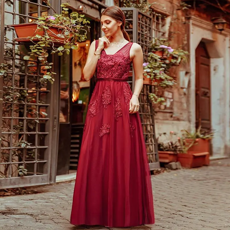 Burgundy It's Yiya вечерние платья длинный v-образный вырез без рукавов robe De Soiree для девочек элегантное кружевное платье с открытой спиной женское вечернее платье C457 - Цвет: Burgundy