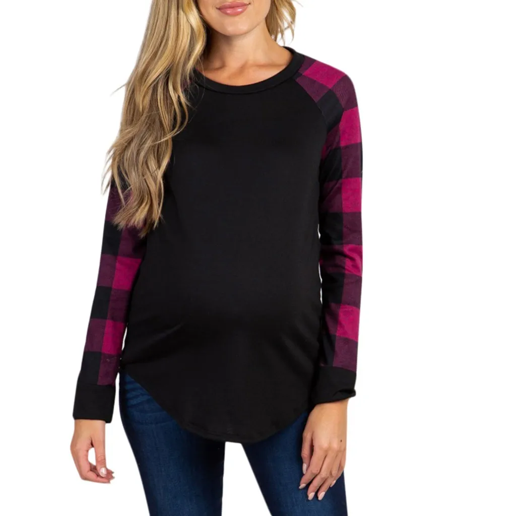 Maternity Clothes Loose Plaid Printed Pregnancy Clothes Blouse T-shirt Casual Maternity Tops Full Sleeve Soft Cotton Nursing Top