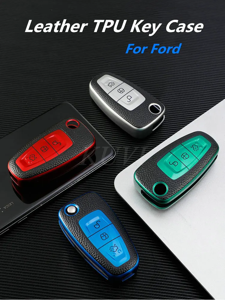Leather TPU Car Key Case Cover for Ford Ranger C-Max S-Max Focus Galaxy Mondeo Transit Tourneo Auto Key Holder keychain