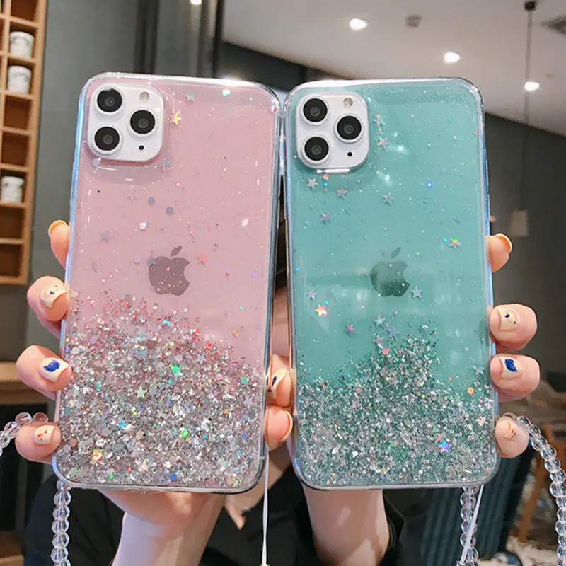 Lovebay Прозрачный блестящий Звездный ремешок чехол для телефона для iPhone 11 Pro 7 8 6 6S Plus X XR XS Max карамельный цвет мягкий ТПУ задняя крышка