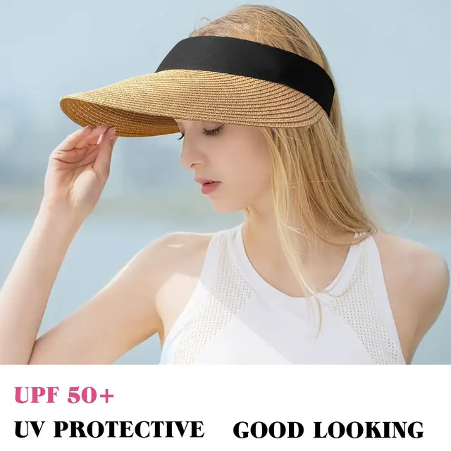 Women Straw Roll Up Sun Visor Hat Large Wide Brim Summer UV Protection Oversized Visors Beach Cap Foldable Adjustable 2