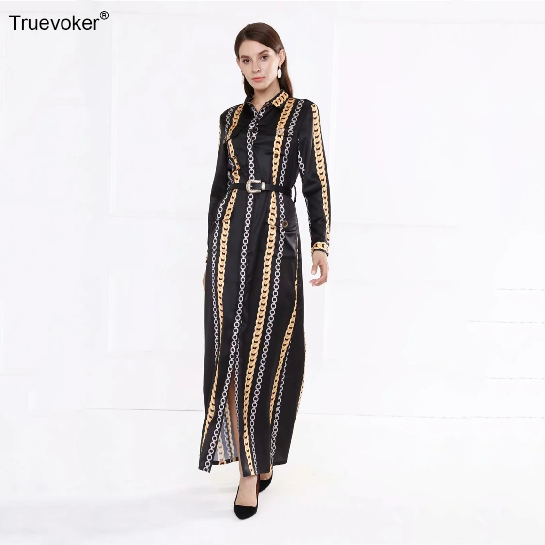 Truevoker, весна, подиум, макси, платья для вечеринок, женские, Ретро стиль, барокко, с цепью, с принтом, по щиколотку, халат, Femme Ete, длинные платья