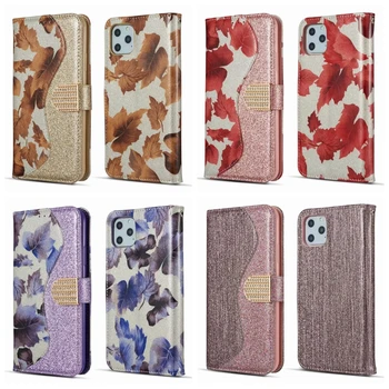 

For Samsung Note 10 Pro A20E A70 A50 A40 A10 S10 Maple leaf Leather Wallet Case Luxury Glitter Bling Diamond Sparkle Card 50PCS