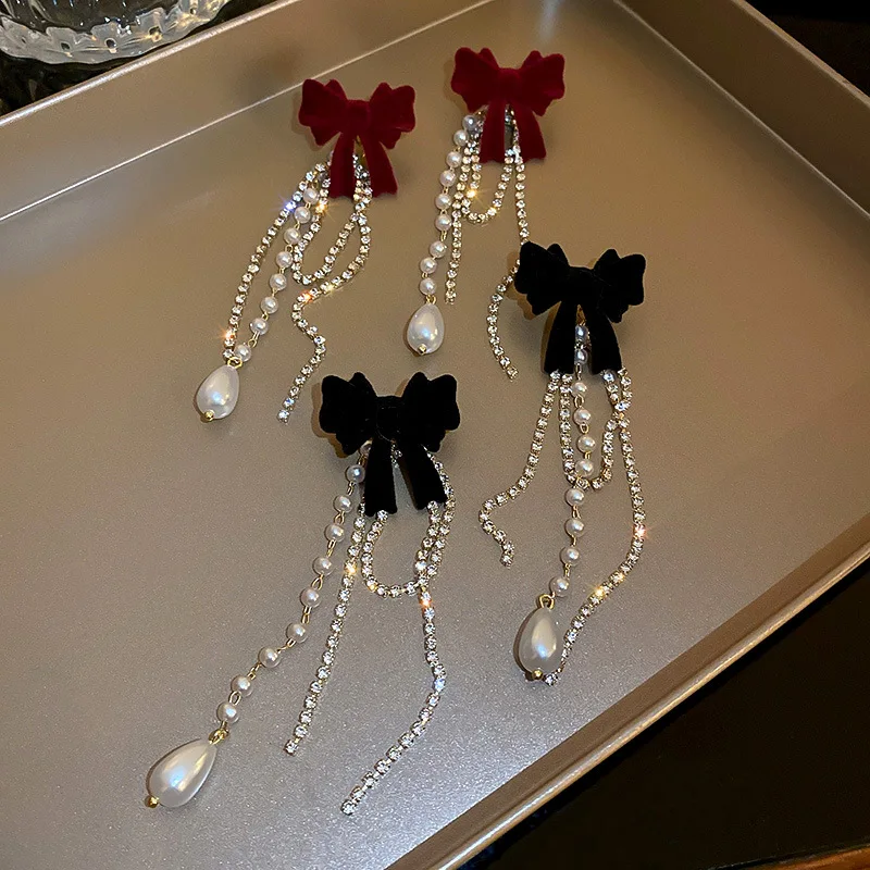 Fashion Fine Pearl Drop Earrings Long Tassels Crystal Hyperbole Style Bowknot Women Dangle Earrings Jewelry drop earrings,dangle earrings,pearl earrings,crystal earrings,long earrings,crystal tassel earrings
