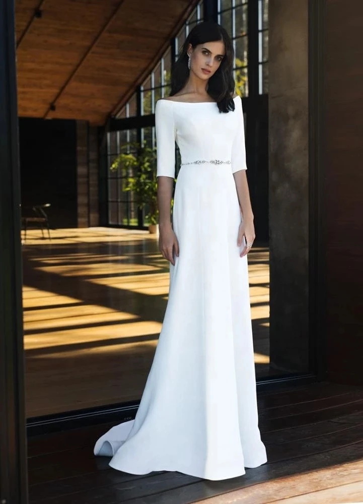 2019 Простое Белое Атласное с юбкой русалкой свадебное платье со шлейфом шеи