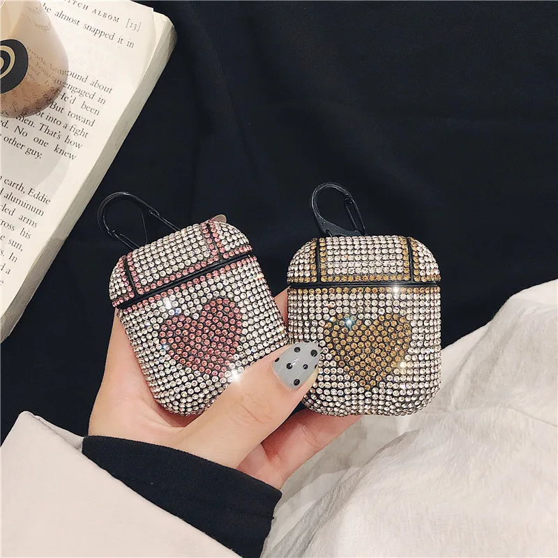 glitter shiny diamond heart fashion bluetooth wireless headphone cover for apple airpods 1/2 charging case