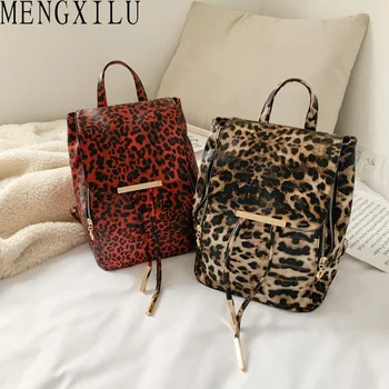 

MENGXILU Vintage PU Leather Leopard Backpack Women Small Anti Theft Backpacks Drawstring Flap Pocket Shoulder Bag Pack Mochila