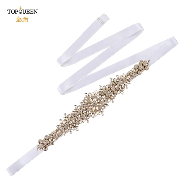 TOPQUEEN S319-G Luxury Bridal Belt Gold Rhinestone Applique Wedding Accessories Women Diamond Sash Moroccan Caftan Decoration white ribbon