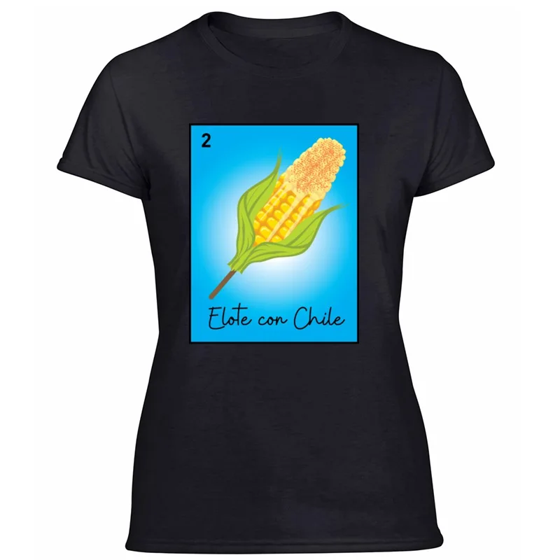 Милая футболка с рисунком кукурузы и Чили Elote Con Chile Loteria, Женская Классическая футболка, Мужская одежда, большой размер 3xl 4xl 5xl, хип-хоп - Цвет: Women-Black