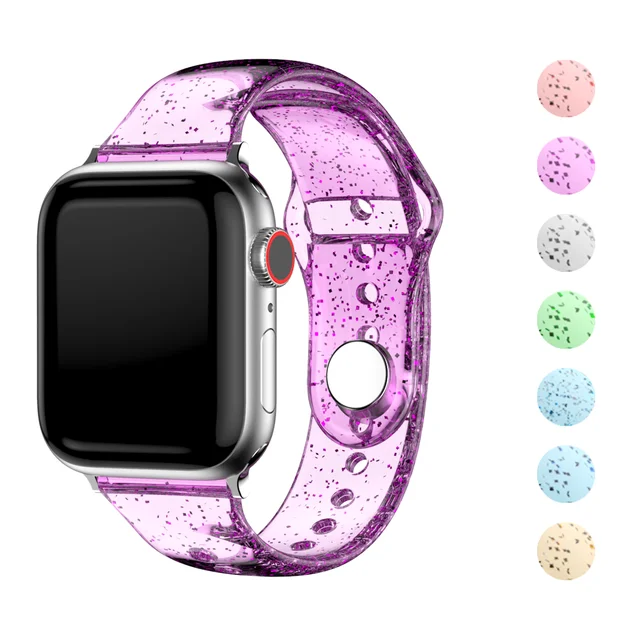 Soft Silicone Bands for Apple Watch Strap 45mm 41mm 44mm 40mm42mm38mm Glitter Women Sports Wristband for iWatch 7/6/5/4/3/2/1/SE ClearPurple