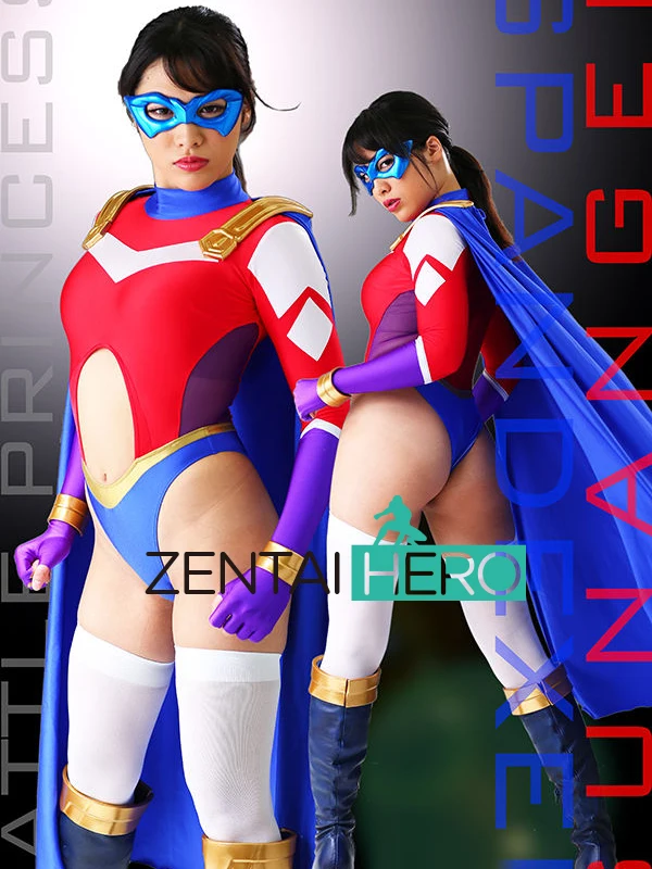 

New Arrival Women's Spandex Bodysuits Sexy Red Girl Lady Hero Zentai Catsuit Spandex Sexy Ranger Leotard with Blue Cape