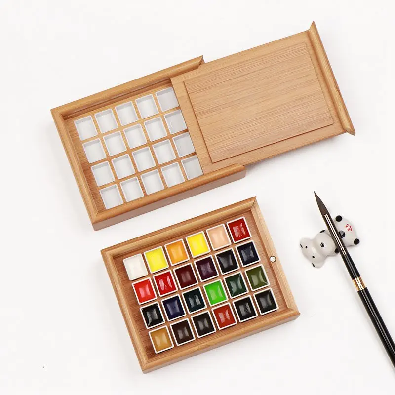 Empty Bamboo Paint Palette With Lid Portable Watercolor Tray Storage Box 24/36 Half Pans for Painting Art Supplies | Канцтовары для