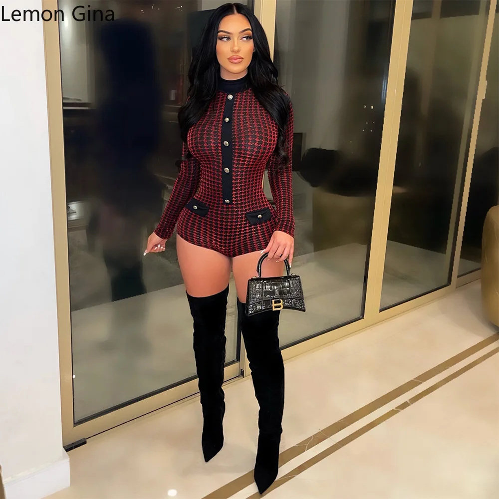 Женский однобортный комбинезон Lemon Gina в стиле гусиные лапки с длинным рукавом