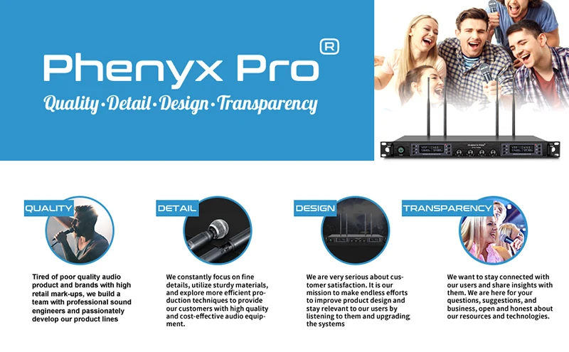 Phenyx Pro 4 Channels Handheld Ｗireless Ｍicrophone Professional  Auto Scan Selectable Frequency Metal 328FT for Singing Court