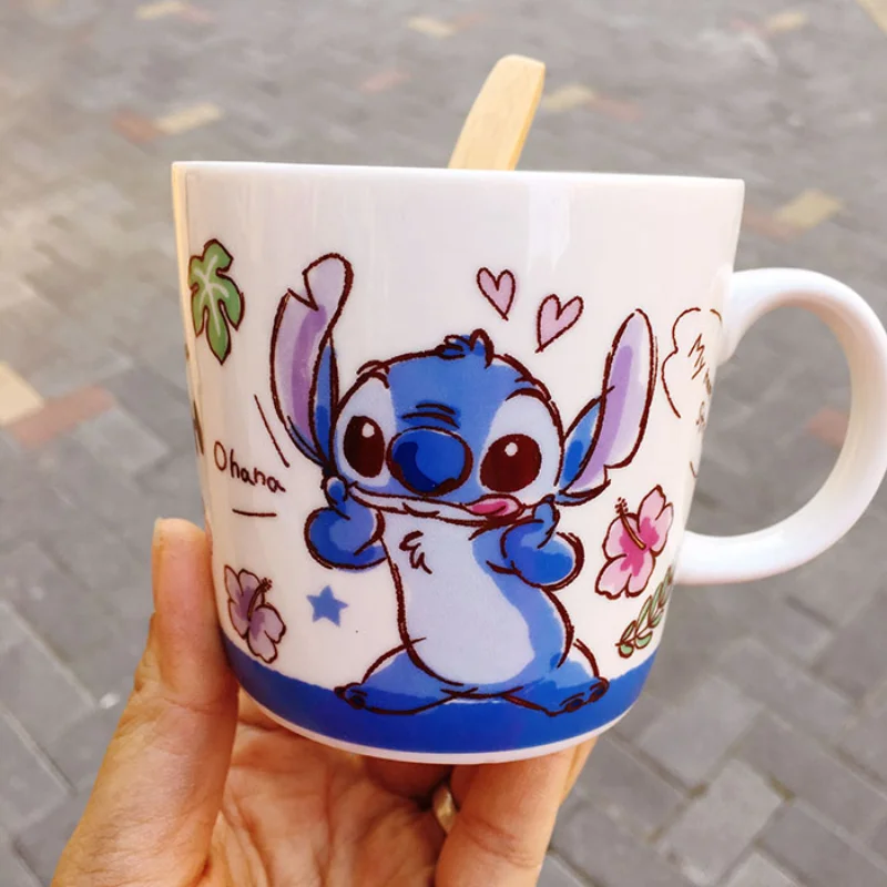

Disney Lilo & stitch Ceramic Mug Bring A Spoon Anime with Lid Kawai Cartoon Milk Coffee Cup Children's Christmas Gift Creative