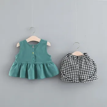 

2020 Summer Baby Girls Sleeveless Blouse Vest Tops + Casual Plaid Print Shorts Infant Kids Clothing Sets Children's 2Pcs Suits